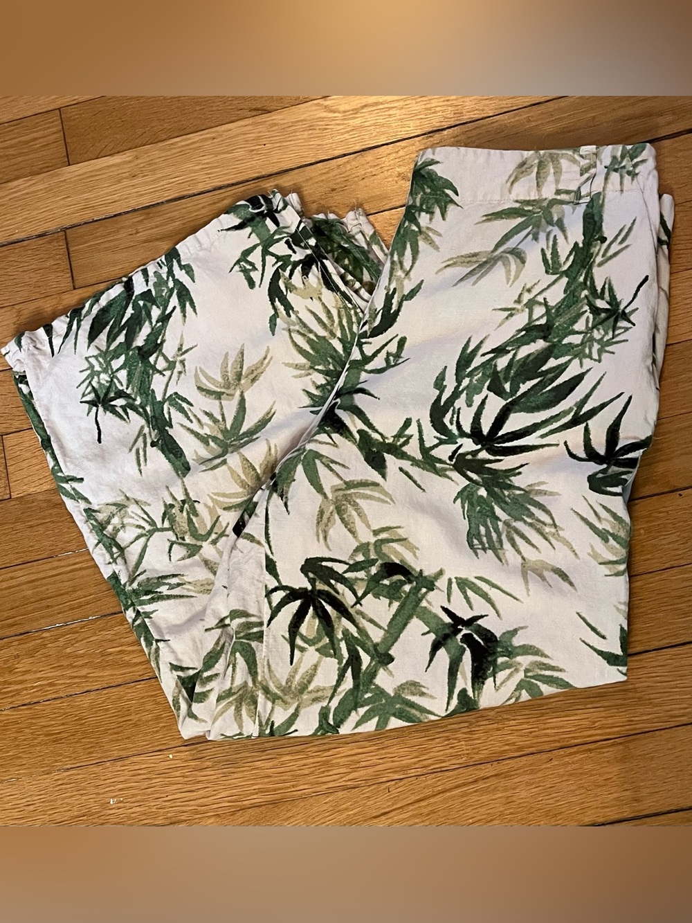 J Jill Linen Blend Pants White with Green Bamboo Print Size Medium